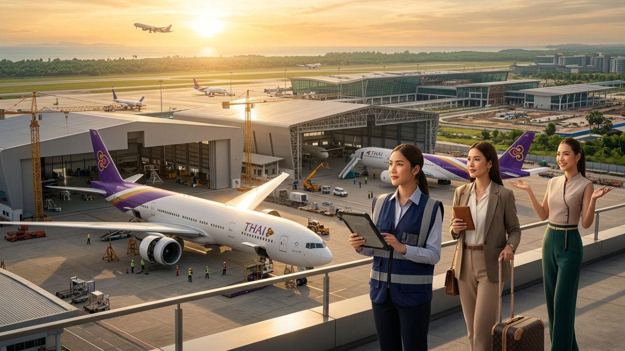 A highly dramatic scene capturing massive relief as Thai Airways aggressively deploys a massive 13-billion-baht maintenance facility at U-Tapao to bypass the travel chaos caused by paralyzed fleets and mechanical groundings