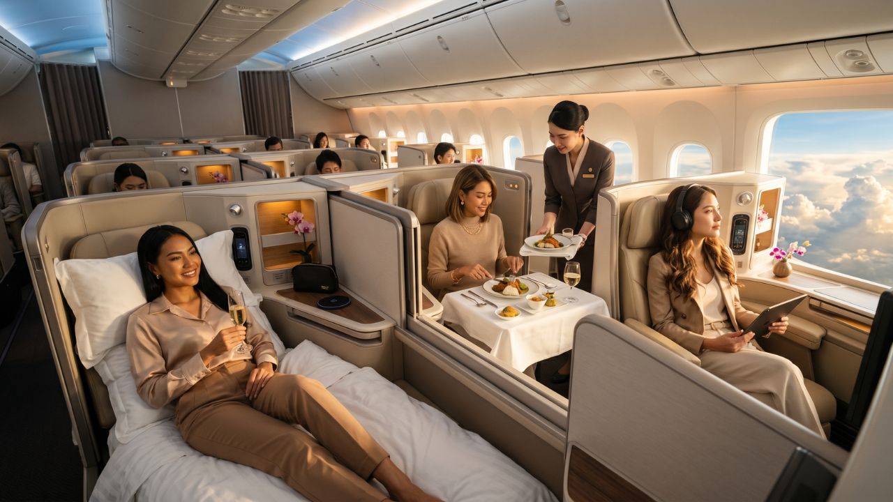 A passenger escaping severe travel chaos, airport disruptions, and flight cancellations by relaxing in Thai Airways' newly designed, highly insulated Thompson Aero VantageNOVA Business Class suite