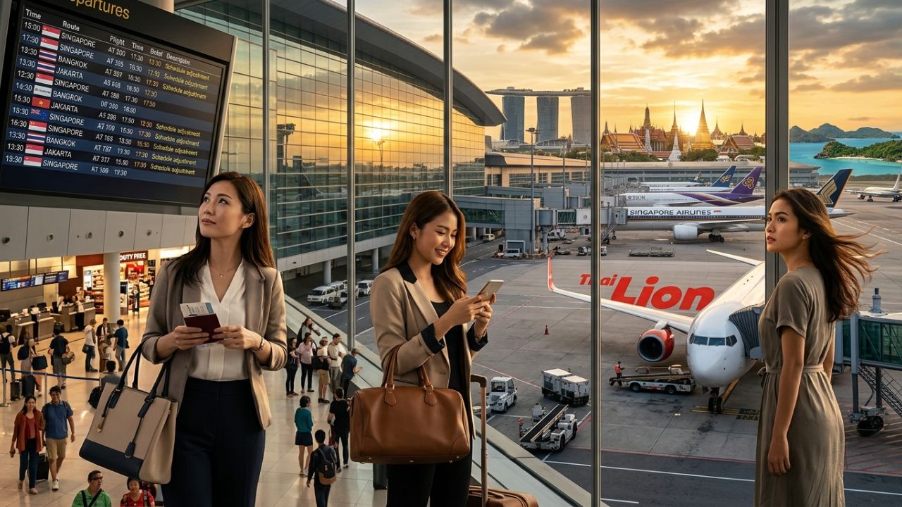 A highly dramatic scene capturing Thai Lion Air aviation authorities aggressively executing massive route reductions and flight cancellations across Asia to combat severe international travel chaos and a terrifying fuel crisis