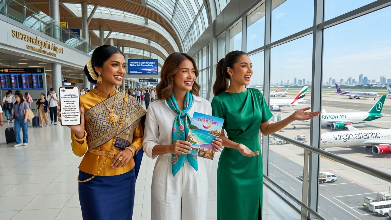 A passenger jet descending into Bangkok Suvarnabhumi Airport, representing Thailand's strategic route expansion designed to help tourists bypass severe global airport disruptions.