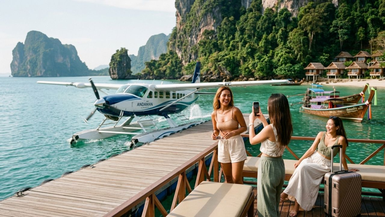A highly dramatic scene capturing massive passenger relief as Thailand aggressively deploys a massive seaplane network between Krabi and Phuket, bypassing the terrifying travel chaos and coastal congestion paralyzing the Andaman region