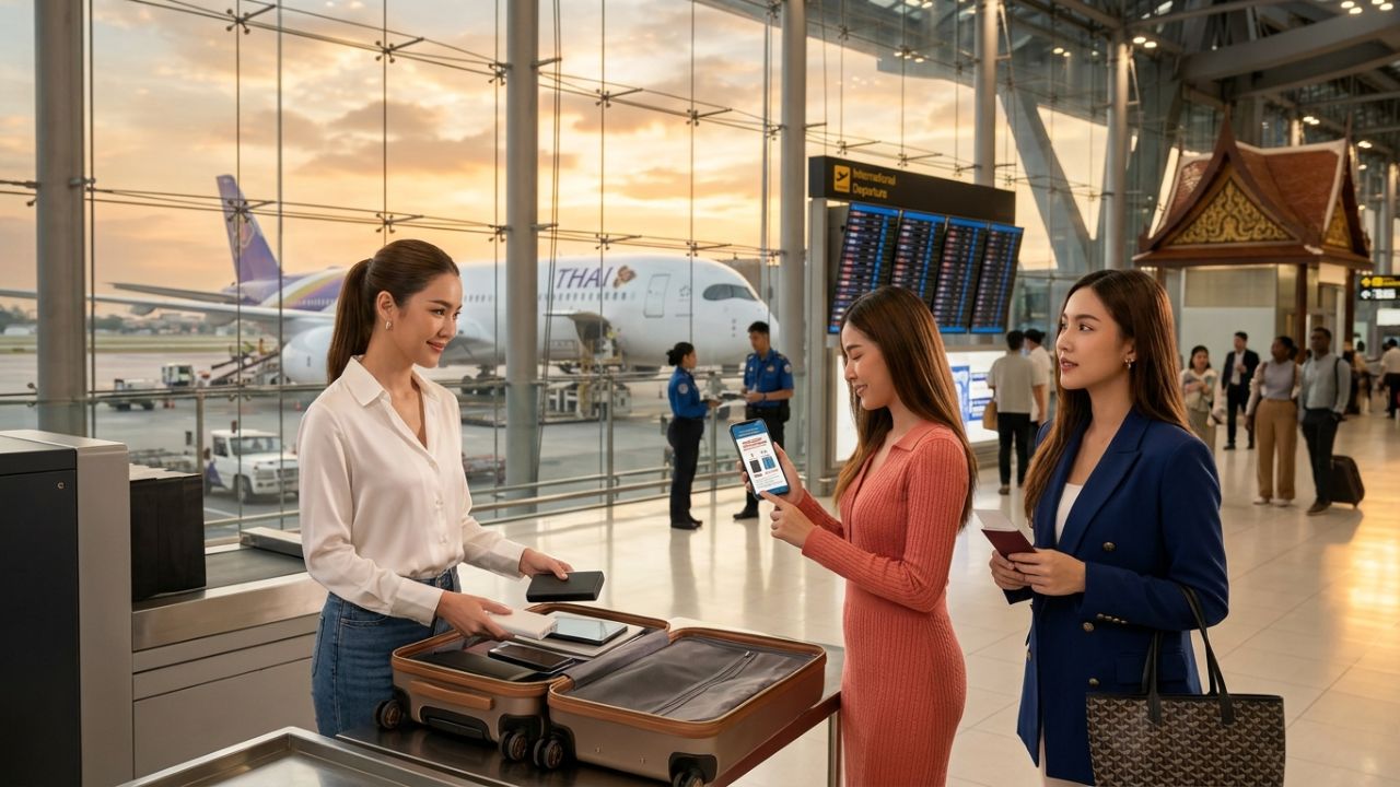 A highly dramatic scene capturing massive passenger frustration as Thai airport security aggressively confiscates prohibited power banks, violently enforcing strict lithium battery rules to prevent terrifying in-flight fires and extreme travel chaos