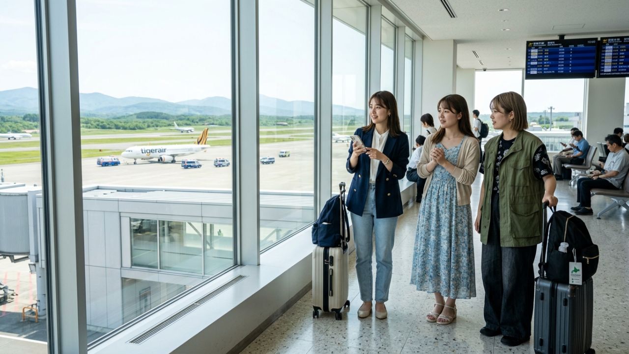 A highly dramatic scene capturing an emergency response team surrounding a Tigerair Taiwan Airbus A320 on the tarmac at New Chitose Airport, representing the intense operational meltdown and travel chaos following a mid-air smoke alert