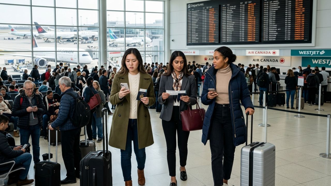 A severely congested terminal at Toronto Pearson International Airport, depicting stranded global passengers caught in massive travel chaos and flight cancellations