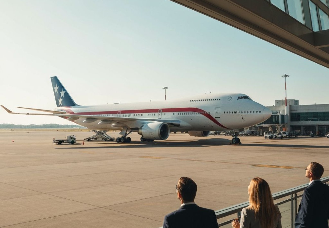 Former Qatari Boeing 747-8 aircraft in new red, white, and dark blue Air Force One livery
