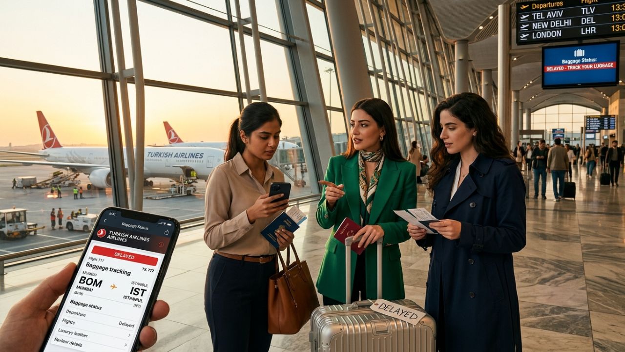 A highly dramatic scene capturing a frustrated passenger standing at an empty baggage carousel, representing the severe travel chaos and operational failure surrounding the landmark Turkish Airlines legal dispute