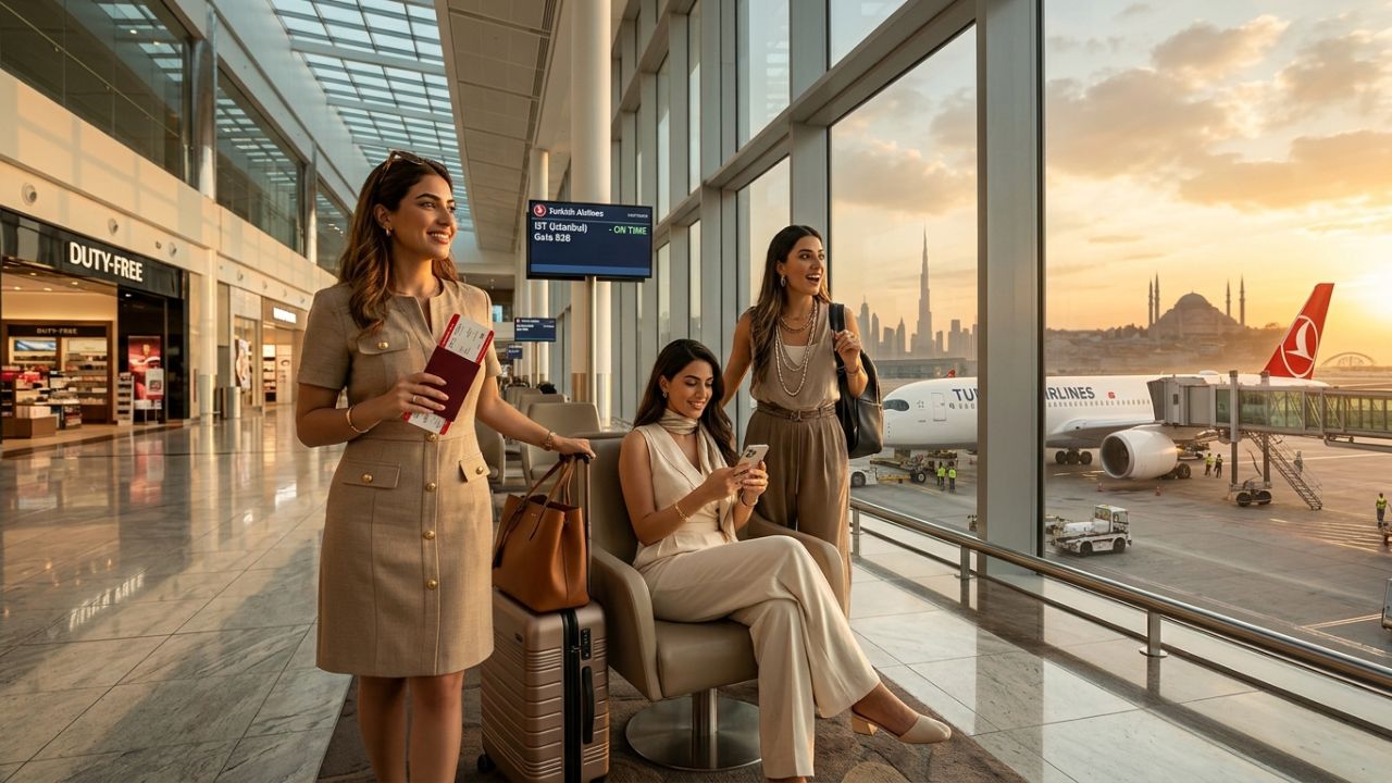 A highly dramatic scene capturing a Turkish Airlines aircraft taking off, representing the vital restoration of the Dubai-Istanbul route as airlines aggressively combat severe airspace restrictions and regional travel chaos