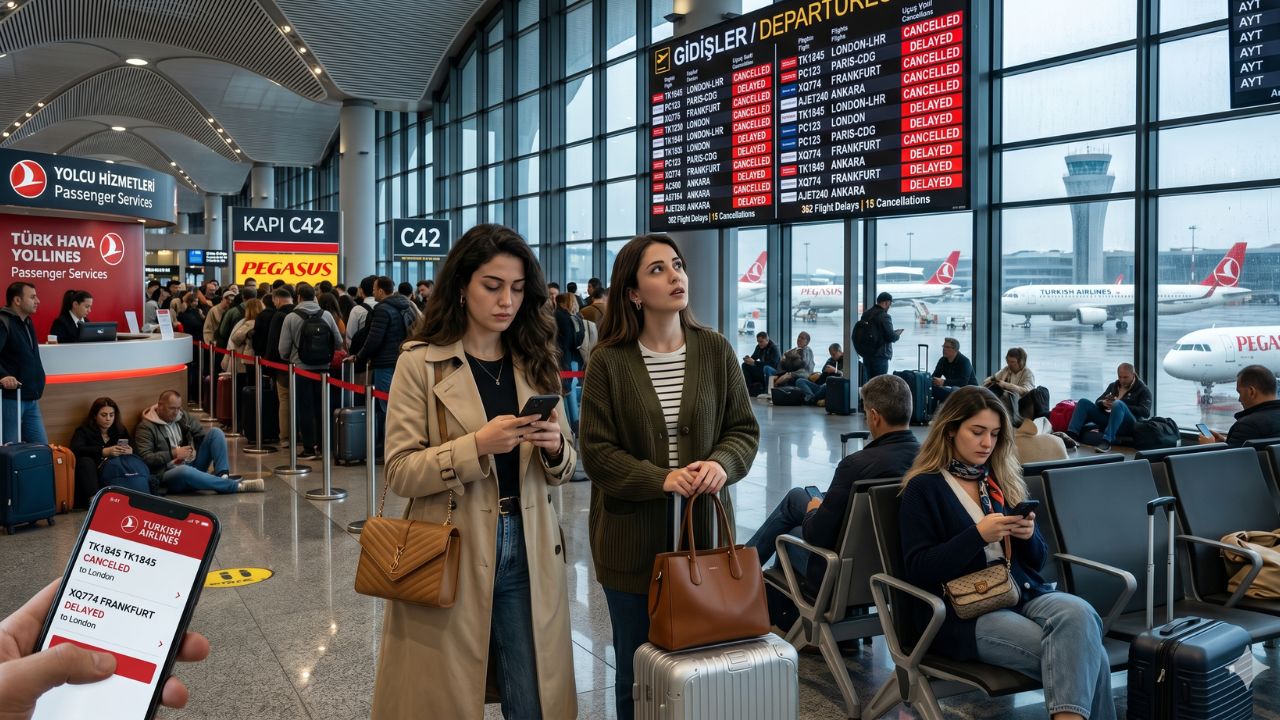 A highly chaotic scene at Istanbul Airport showing thousands of stranded travelers staring at red departure monitors filled with severe flight cancellations and delays