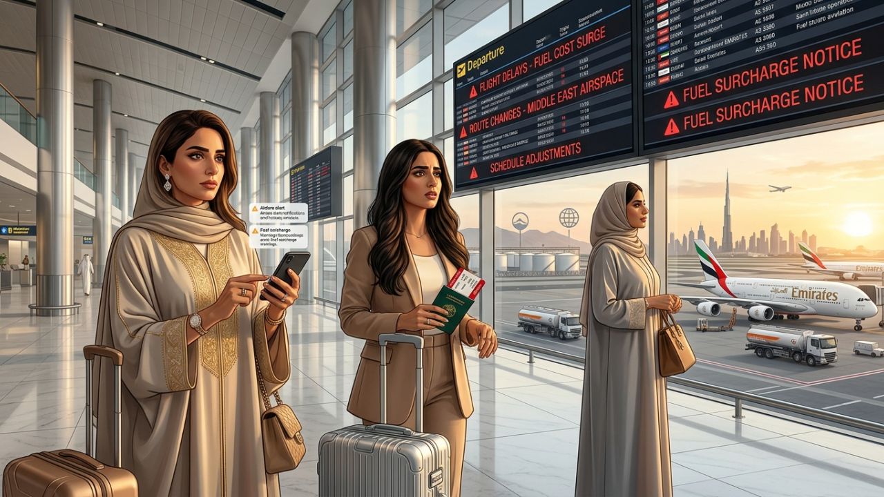 A highly dramatic scene capturing UAE aviation authorities aggressively battling severe international travel chaos and massive airline bankruptcies triggered by an extreme Middle East fuel conflict