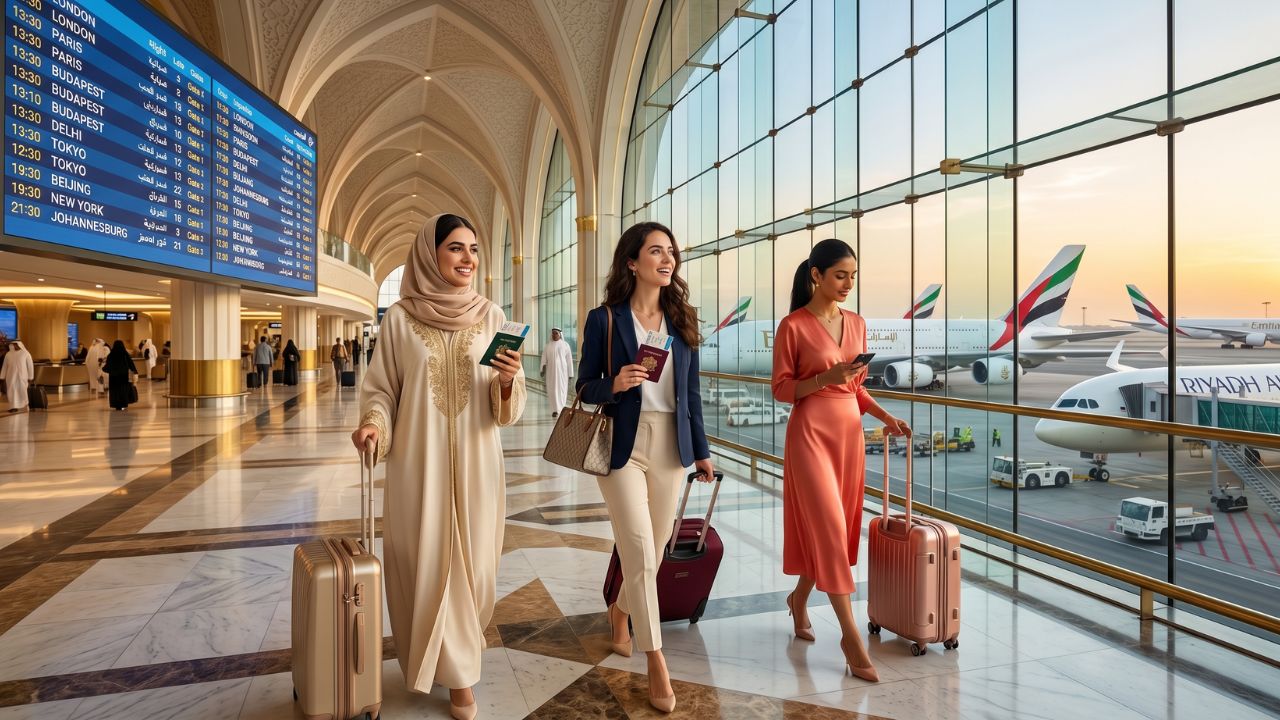 A pristine Etihad Airways jet soaring over a high-speed Etihad Rail network in the UAE, physically bypassing the severe travel chaos and flight cancellations affecting congested global transit hubs