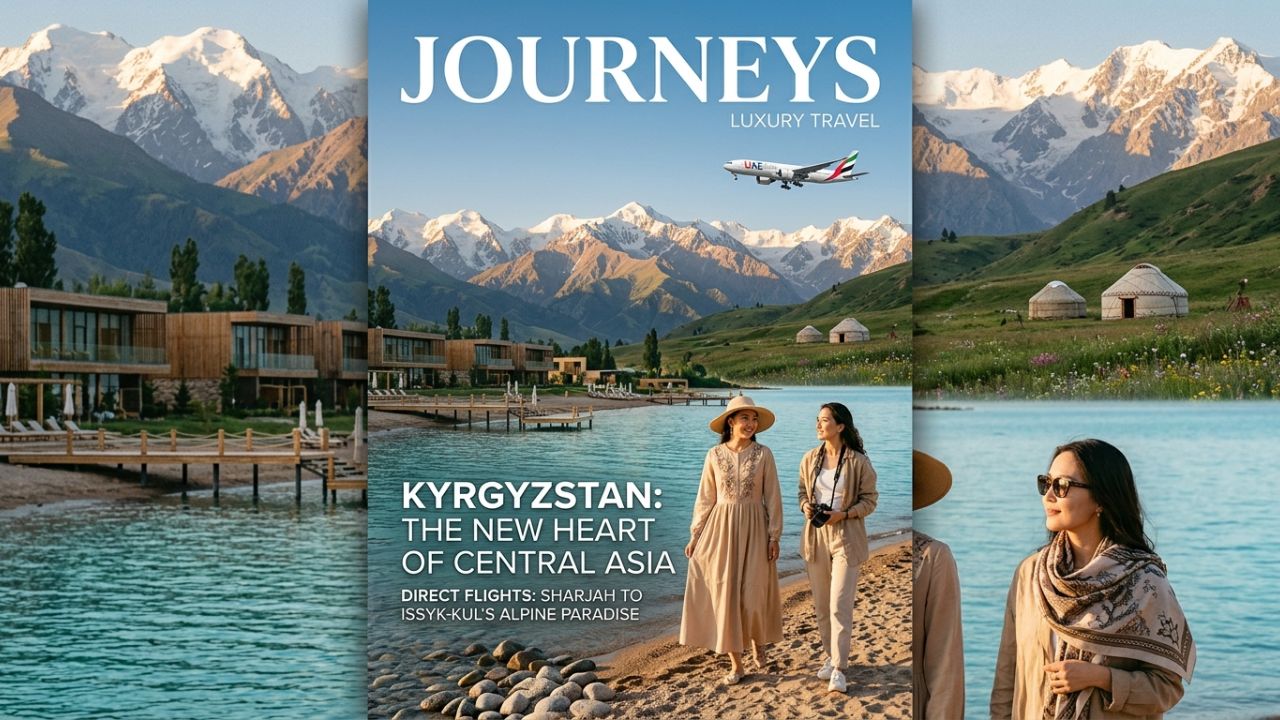 A highly dramatic scene capturing a commercial aircraft powering out of Sharjah towards the mountainous landscapes of Kyrgyzstan, representing a massive strategic deployment designed to rescue international travelers from severe regional airport disruptions and travel chaos