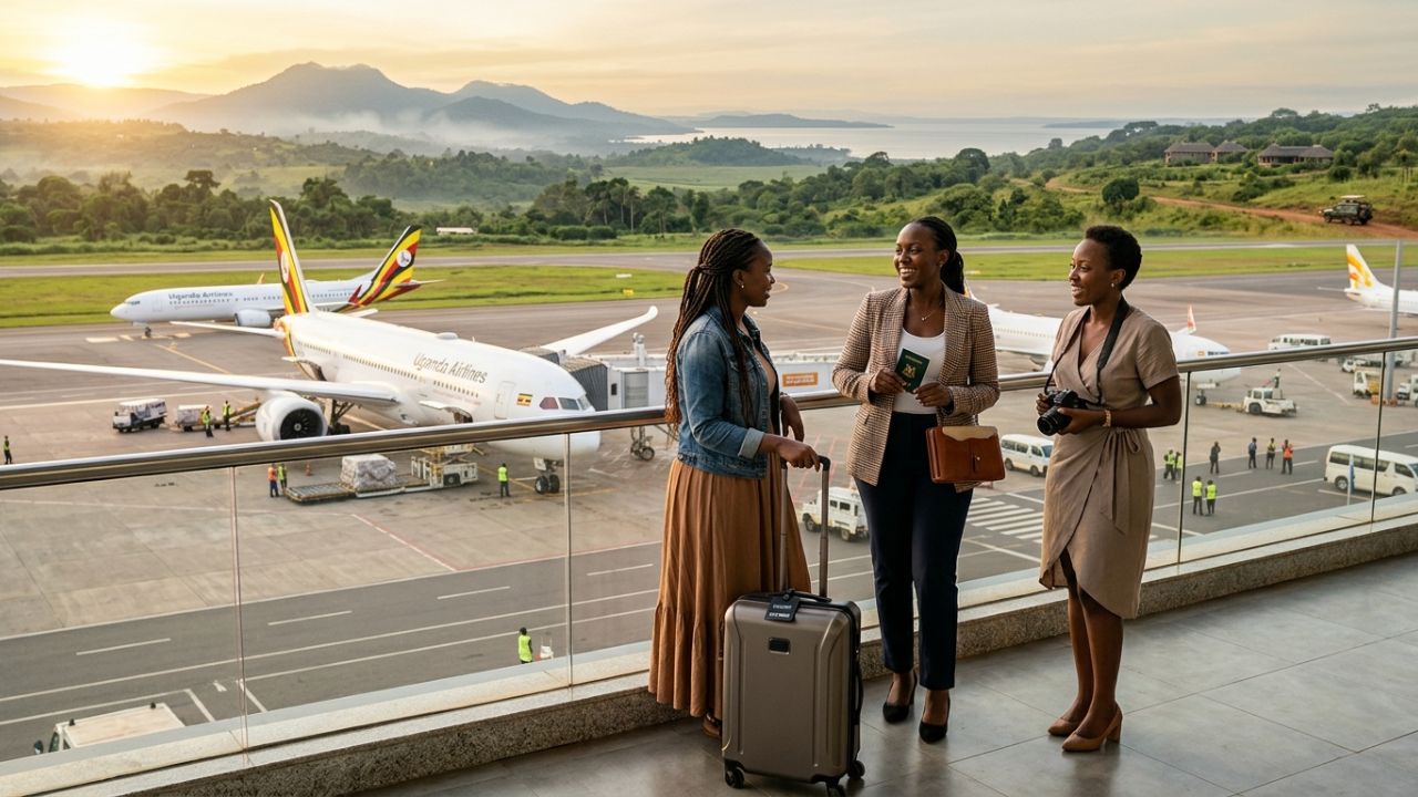 A pristine Uganda Airlines Boeing 787 Dreamliner soaring above Entebbe, symbolizing a direct bypass to global travel chaos and legacy hub disruptions