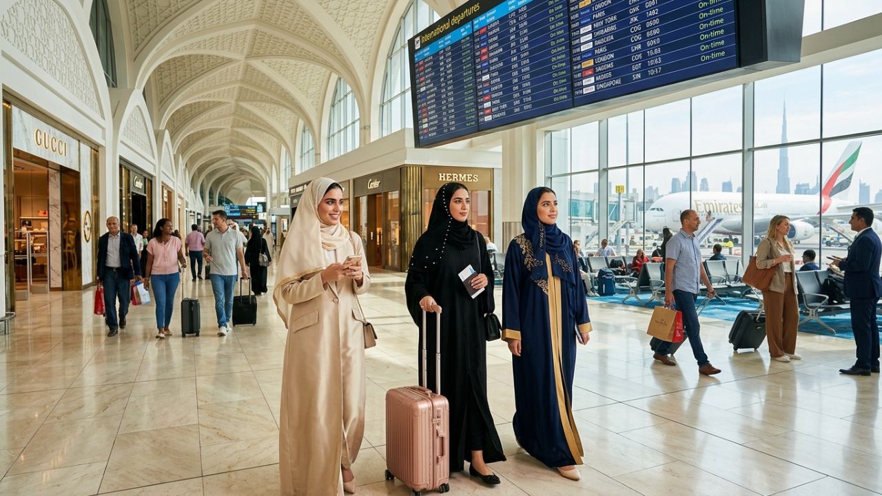 A British Airways jet parked while an Emirates A380 takes off from Dubai International Airport, illustrating the complex recovery from geopolitical travel chaos and flight cancellations