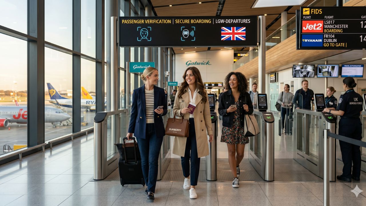 A strict security checkpoint at a massive UK airport, visualizing the deployment of a centralized national no-fly list designed to permanently block disruptive passengers and prevent travel chaos