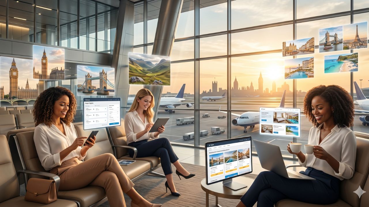 A highly dramatic scene capturing massive passenger congestion and severe travel chaos as desperate travelers weaponize smartphones and AI platforms to escape heavily grounded UK airports
