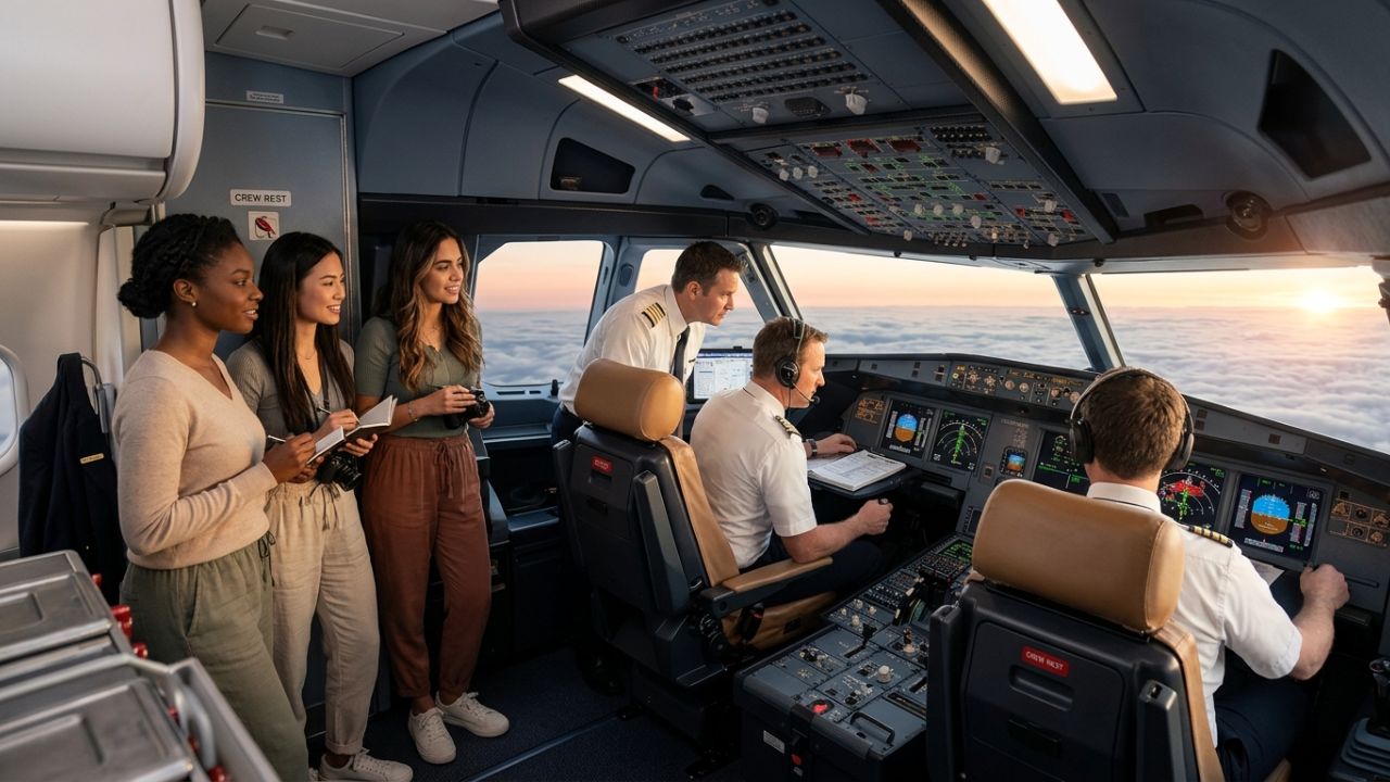 A four-pilot double crew briefing in the cockpit of a Boeing 777-300ER before embarking on an ultra-long-haul flight to bypass travel chaos