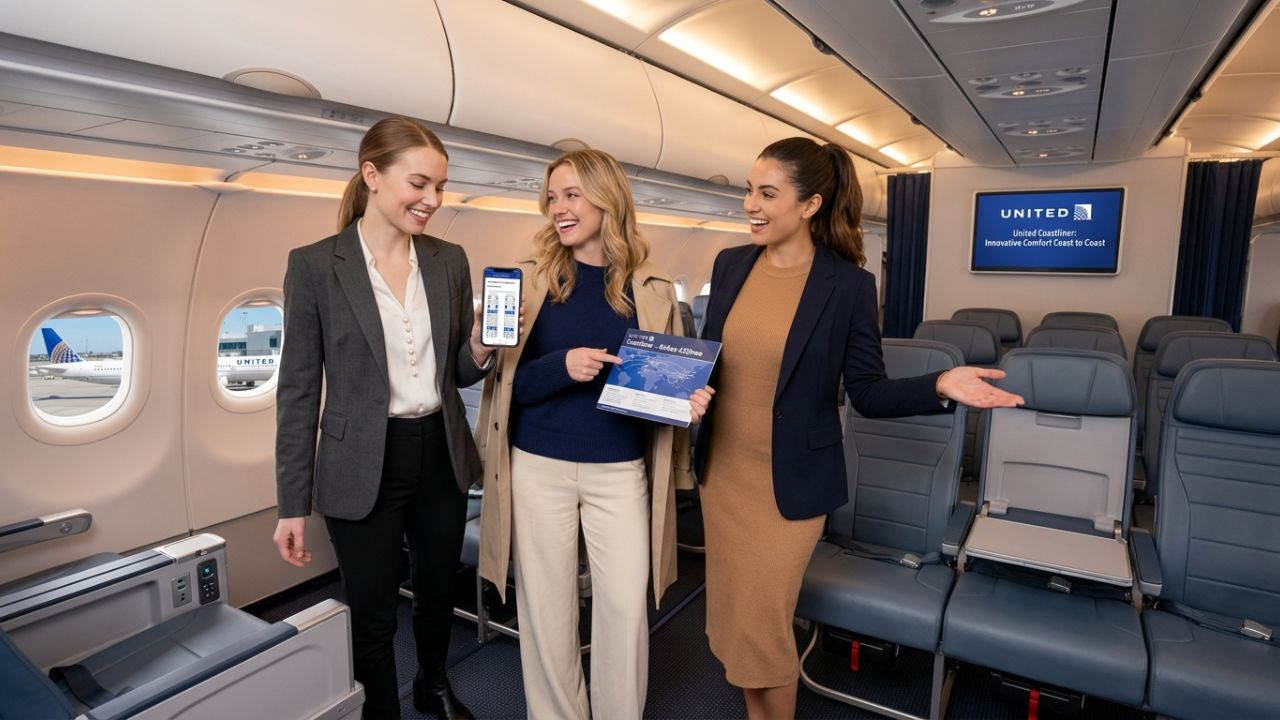 A newly configured United Airlines Airbus A321neo Coastliner ascending over San Francisco, representing the blocked middle seat strategy designed to alleviate passenger travel chaos.