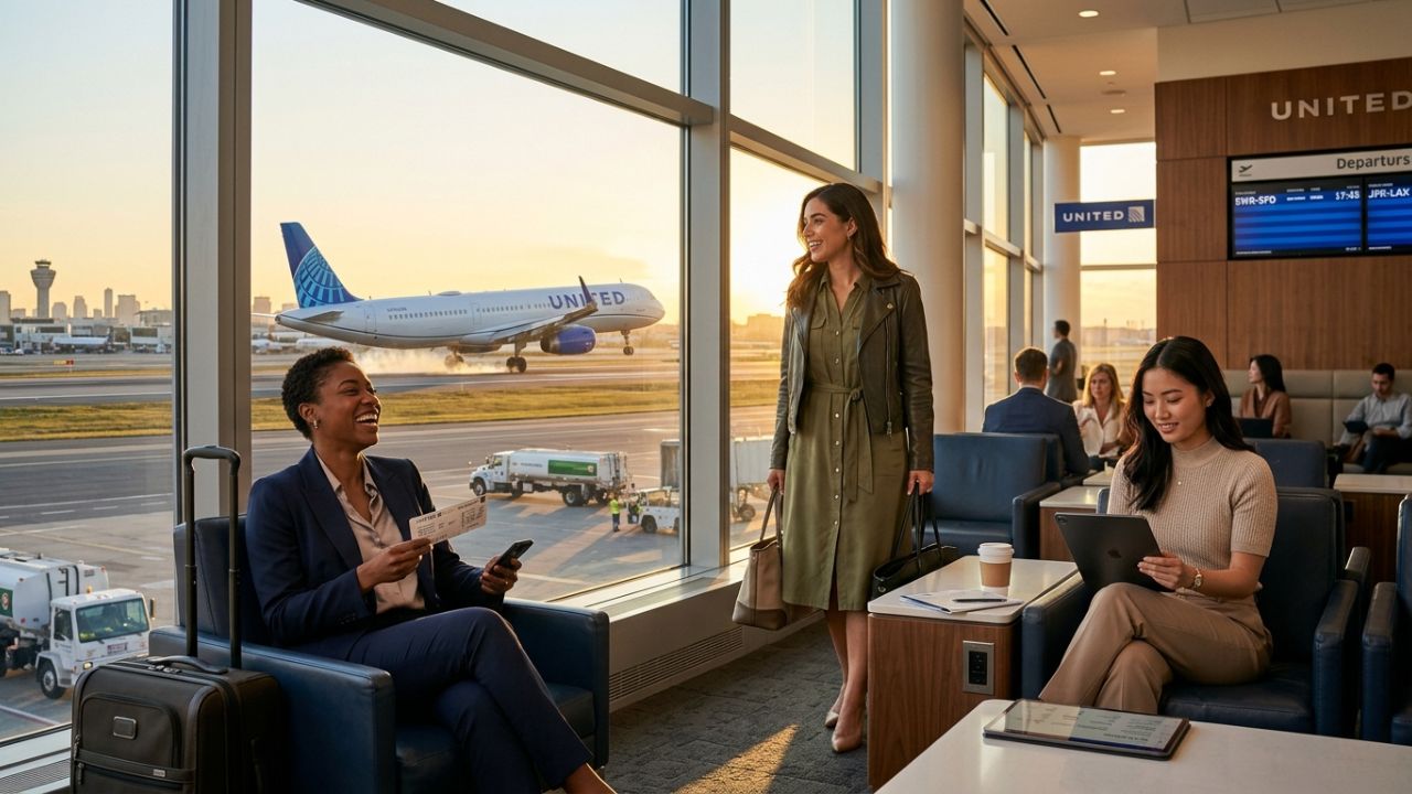 A highly dramatic scene capturing a United Airlines Airbus A321neo taking off, representing a massive tactical shift in cabin configuration designed to prevent severe airport disruptions and travel chaos