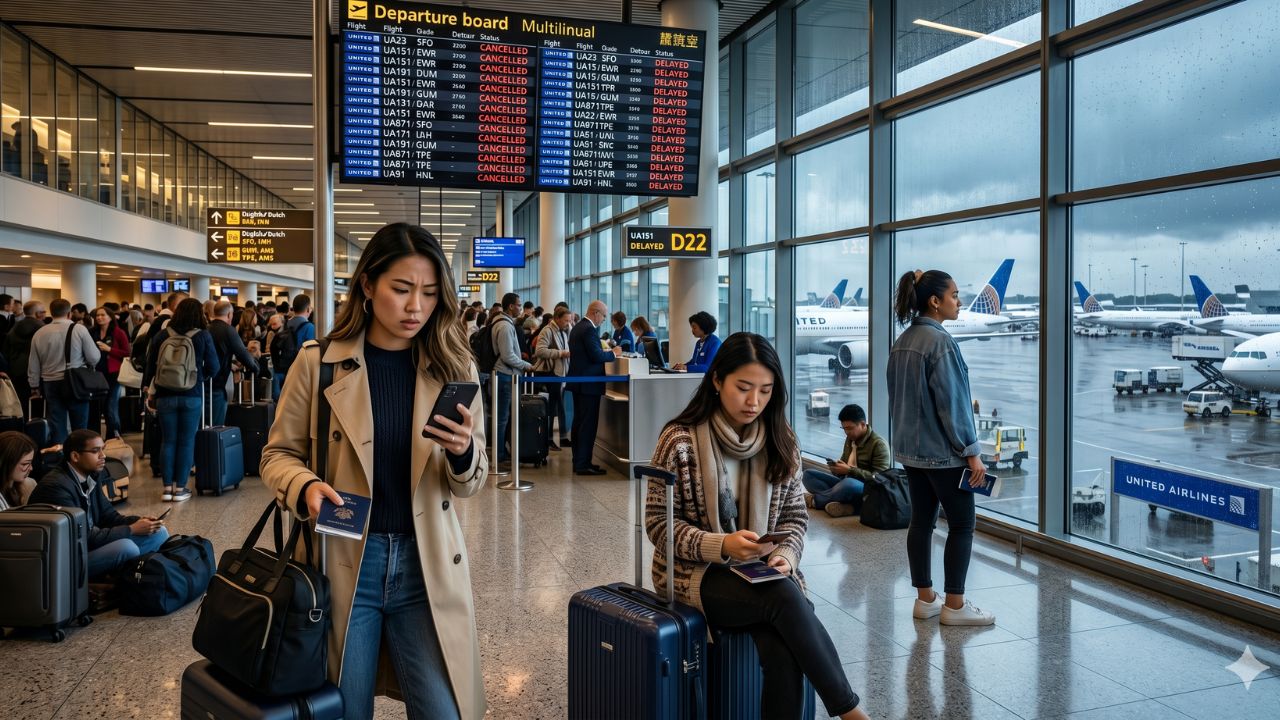 A highly chaotic scene at a massive international airport showing desperate crowds of passengers stranded by severe United Airlines flight cancellations and cascading global delays