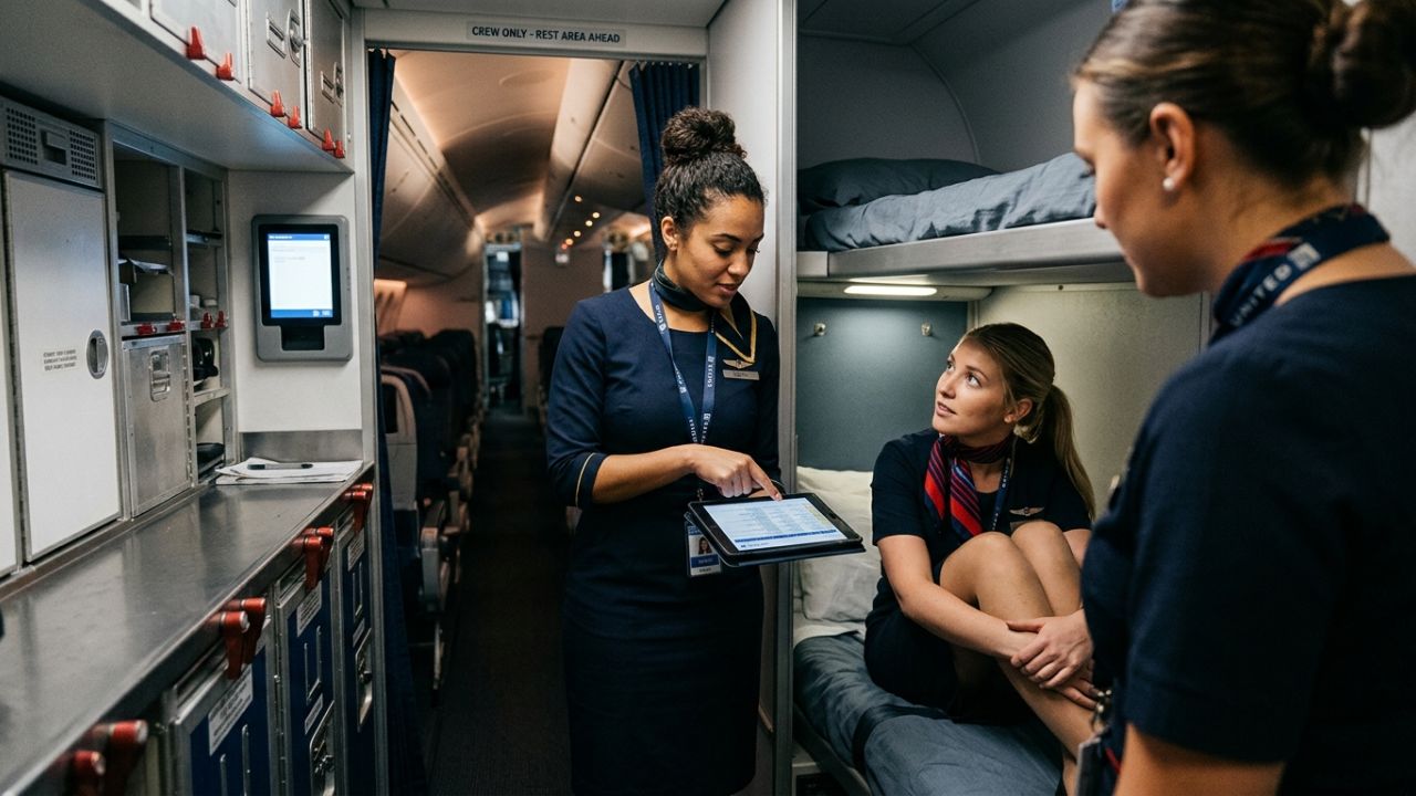 A highly advanced flight attendant rest compartment featuring lay-flat bunks onboard a United Airlines widebody aircraft, highlighting modern aviation safety infrastructure