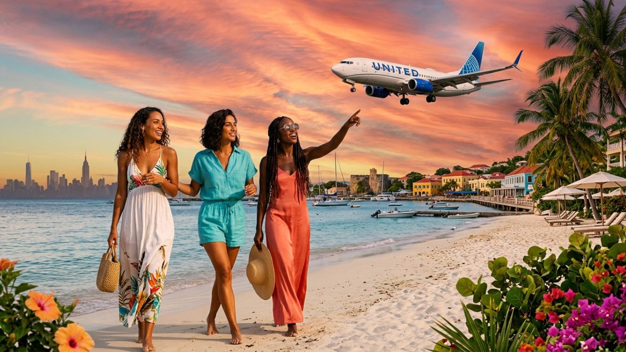 A highly dramatic scene capturing a United Airlines Boeing 737-700 executing a rapid departure from the massive Newark aviation fortress, representing a strategic deployment of an exclusive evasion corridor to St. Croix designed to entirely bypass severe winter travel chaos