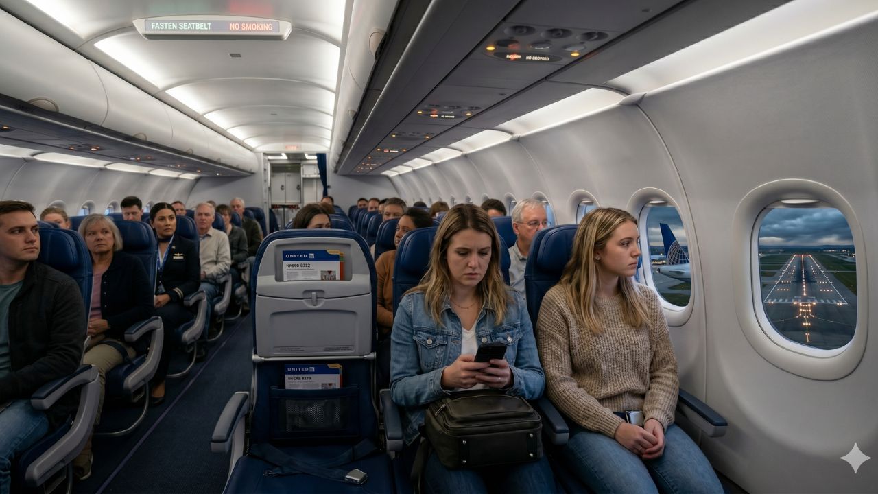 A highly chaotic scene inside a United Airlines Airbus A320 cabin during a terrifying mid-air emergency resulting in sudden travel chaos and an immediate diversion to Lincoln Airport
