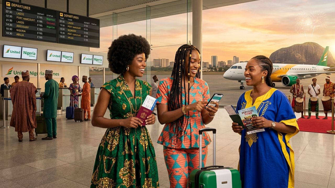 A highly dramatic scene capturing massive passenger relief as United Nigeria Airlines aggressively deploys a massive cultural partnership with Nollywood, violently shielding domestic travelers from terrifying holiday travel chaos and disconnected airport disruptions