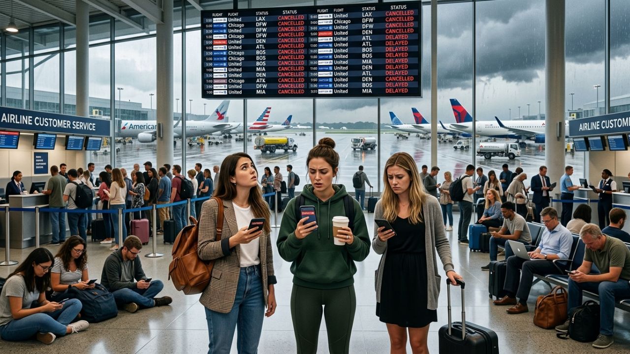 A highly dramatic scene capturing a massively congested US airport terminal, representing the extreme operational meltdown and severe travel chaos as hundreds of flight cancellations violently strand thousands of passengers nationwide