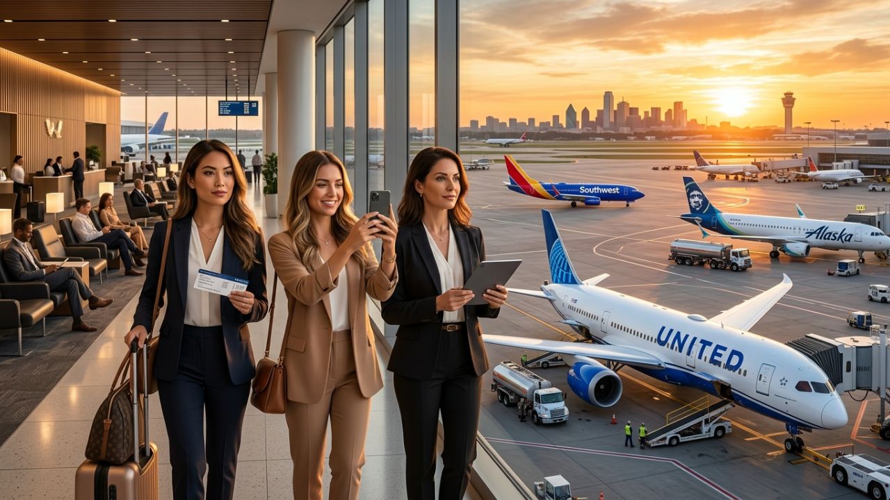 A highly dramatic scene capturing massive passenger relief as premium US carriers aggressively deploy massive luxury upgrades to bypass the terrifying travel chaos paralyzing debt-burdened budget airlines
