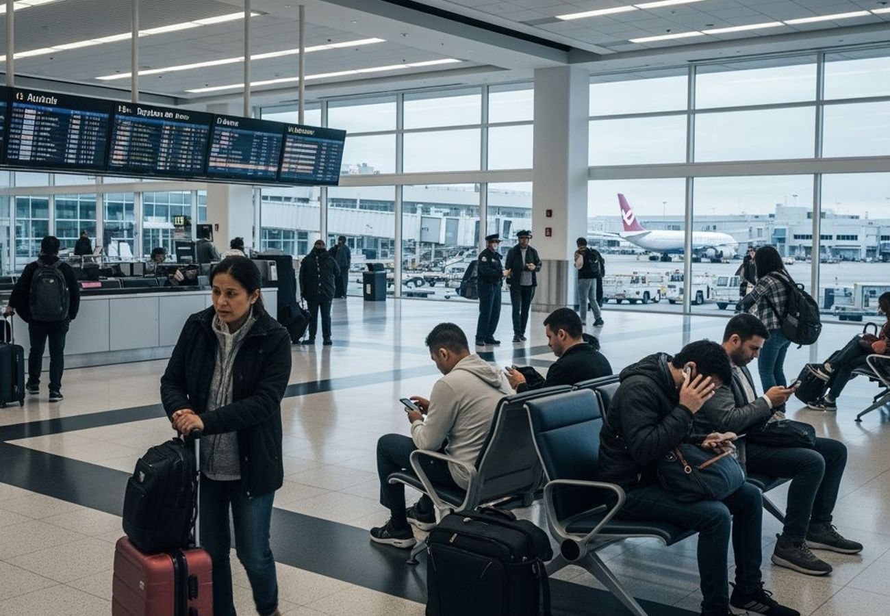 Airport health screening checkpoint with CDC officials conducting thermal imaging of incoming passengers from high-risk regions