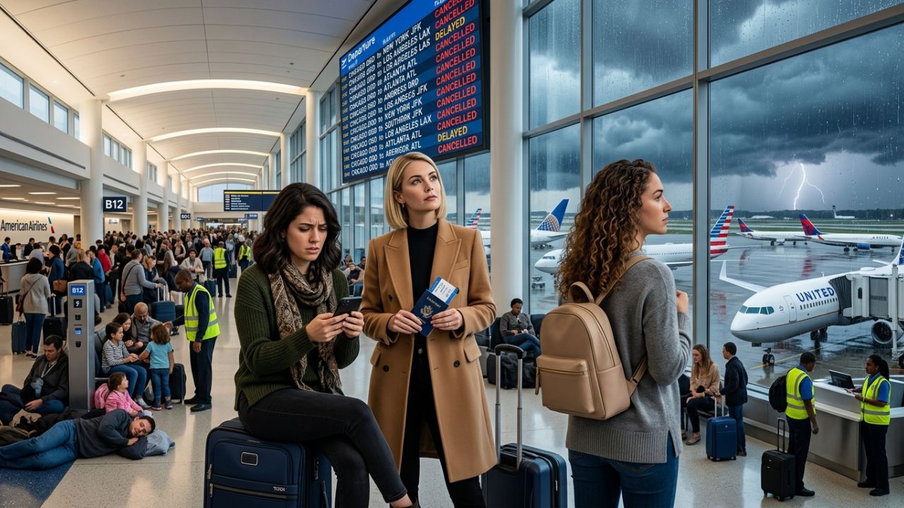 A highly dramatic scene capturing massive passenger frustration as sudden severe thunderstorms violently paralyze major US airports, causing extreme travel chaos for Southwest, United, and American travelers