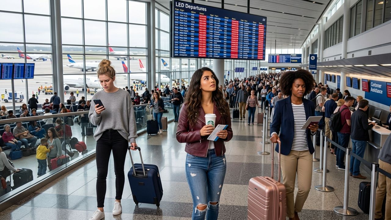A massive crowd of stranded passengers desperately checking the glowing departure boards at Chicago O'Hare International Airport amidst severe travel chaos and flight cancellations affecting Delta and Southwest