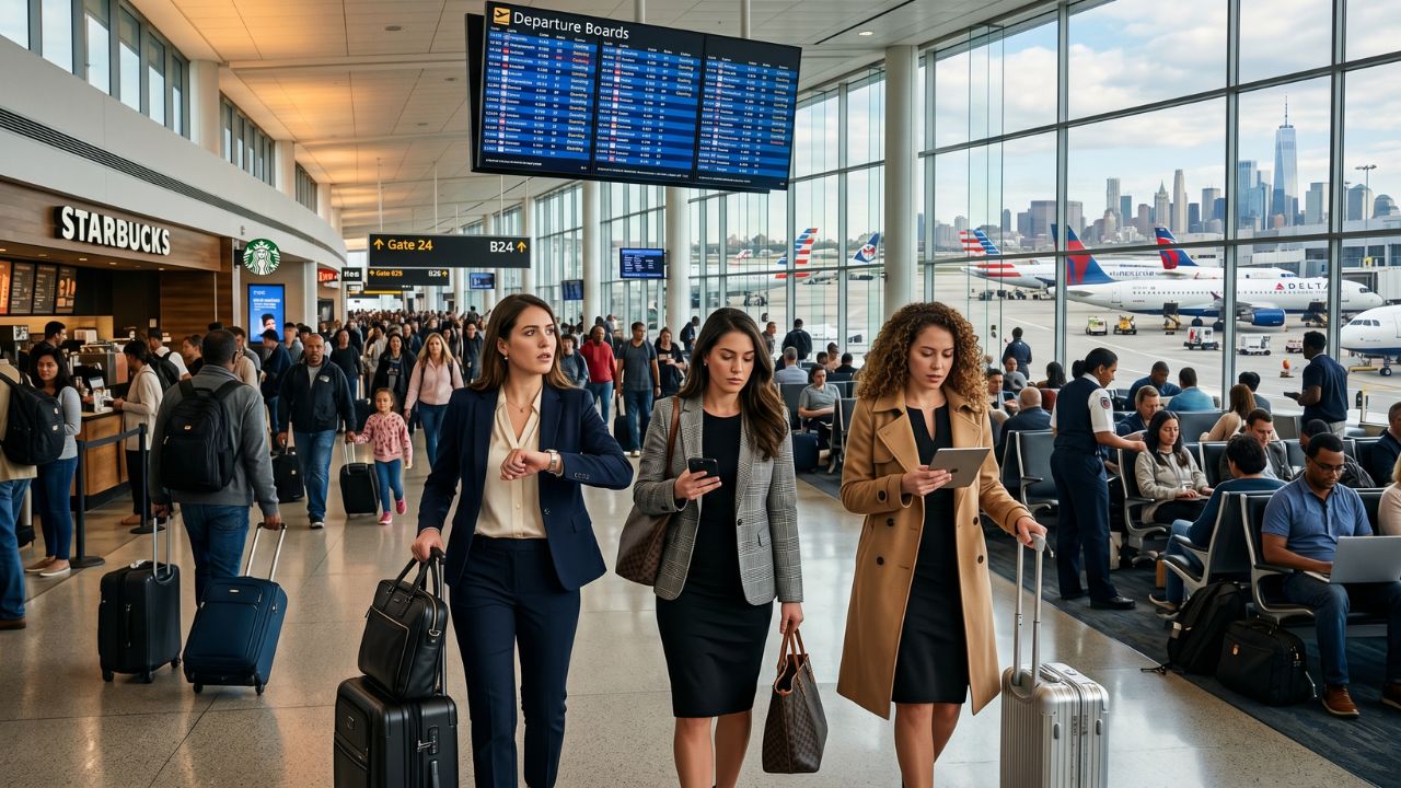 A highly congested departure terminal at John F. Kennedy International Airport, illustrating the severe travel chaos and flight cancellations destroying the American business travel experience