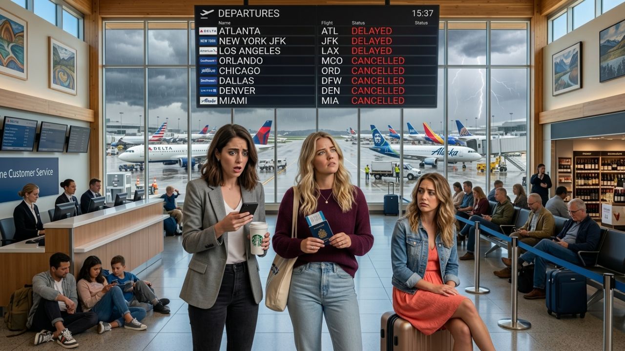 A severely congested departure terminal at Boston Logan International Airport, where massive travel chaos and sudden flight cancellations have stranded thousands of domestic US passengers
