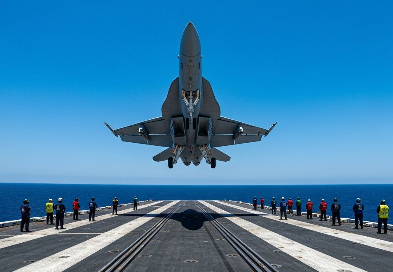 F/A-18 Super Hornet executing arrested landing on aircraft carrier flight deck with tailhook deployed