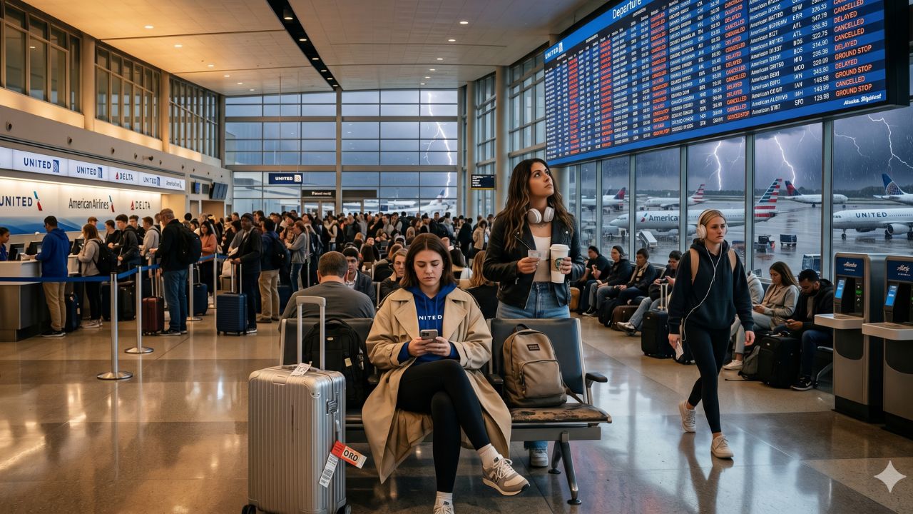 A highly chaotic scene at Dallas-Fort Worth International Airport showing thousands of stranded travelers staring at red departure monitors filled with severe flight cancellations and delays due to thunderstorms