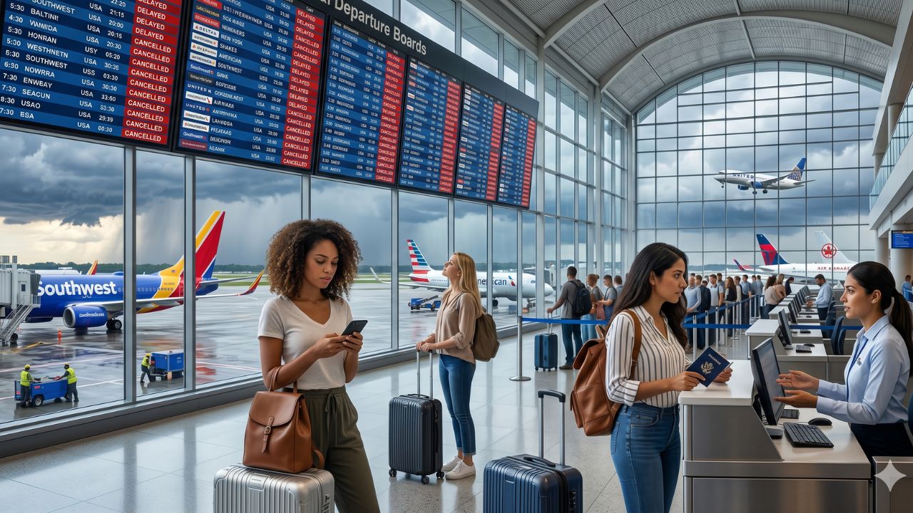 A highly dramatic scene capturing the massive USA flight disruptions, specifically focusing on the terrifying international travel chaos and severe terminal gridlock across Dallas, Denver, LaGuardia, and Newark