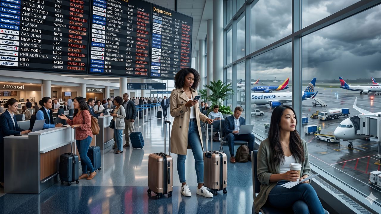 A highly chaotic scene at a massive American international airport showing desperate crowds of passengers stranded by severe flight cancellations and cascading national delays