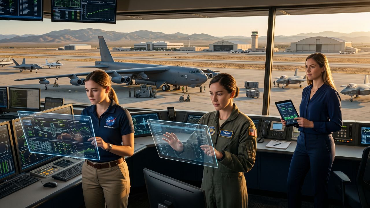 A highly intense military investigation scene at Edwards Air Force Base following the tragic B-52 Stratofortress radar testing crash in the Mojave Desert
