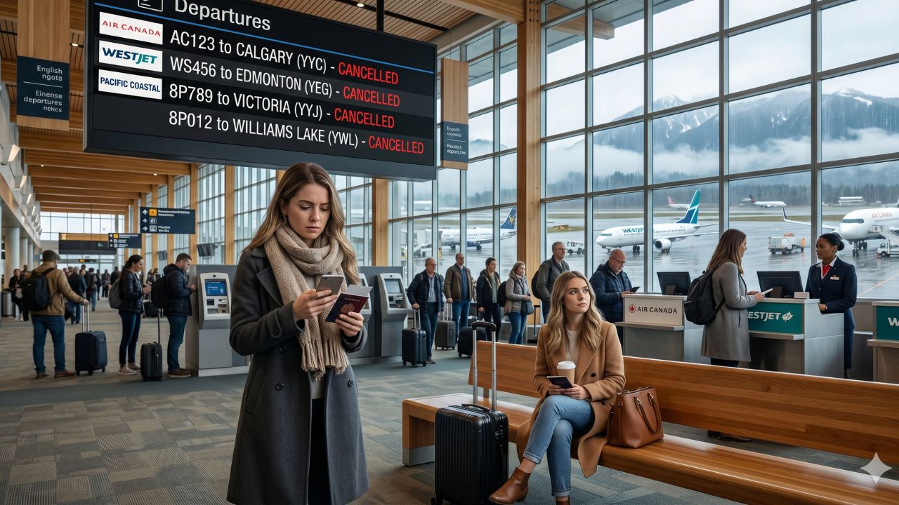 A highly chaotic scene at Vancouver International Airport showing desperate crowds of passengers stranded by severe flight cancellations and severed regional Canadian connections