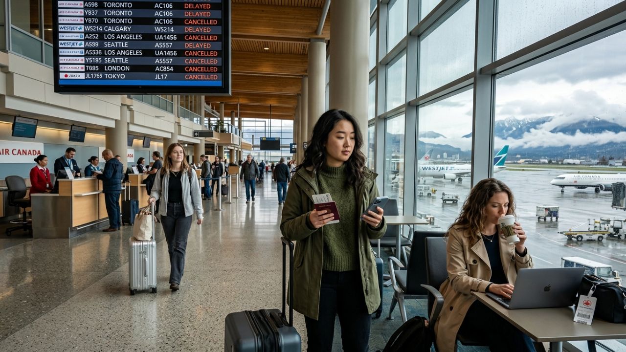A highly congested, totally gridlocked terminal at Vancouver International Airport filled with stranded global passengers, symbolizing the massive travel chaos and severe flight cancellations actively crushing the Canadian aviation network.