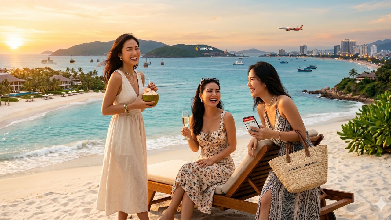 A highly pristine Vietjet aircraft soaring above the stunning coastal waters of Nha Trang, illustrating a massive new direct route bypassing severe Vietnamese transit travel congestion