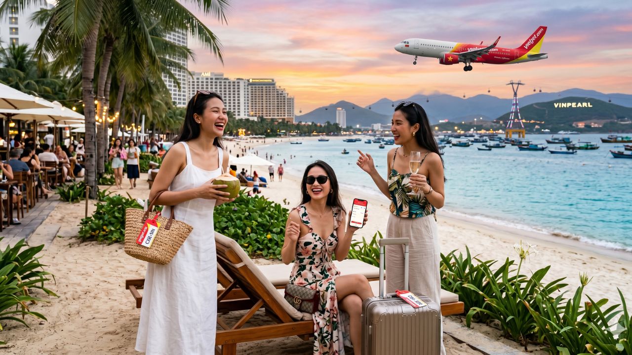 A highly pristine Vietjet aircraft soaring above the stunning coastal waters of Nha Trang, illustrating a massive new direct route bypassing severe Southeast Asian transit travel congestion