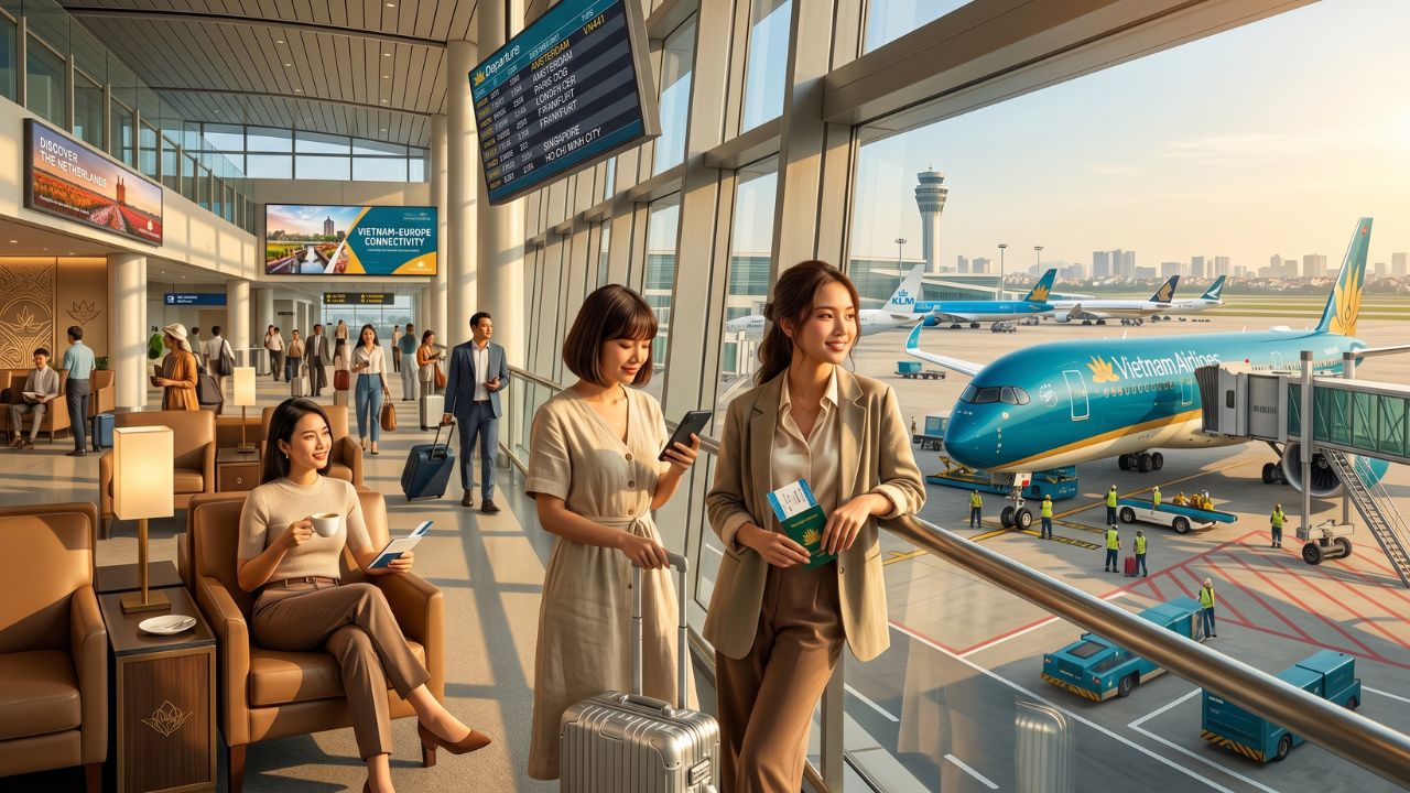 A majestic Vietnam Airlines Airbus A350 touching down powerfully at Amsterdam Schiphol Airport, marking the historic first nonstop connection between Vietnam and the Netherlands