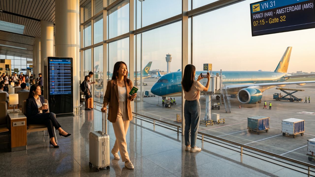 A massive Vietnam Airlines Airbus A350 rotating powerfully off the runway at Hanoi Noi Bai International Airport, commencing the historic nonstop flight to Amsterdam Schiphol