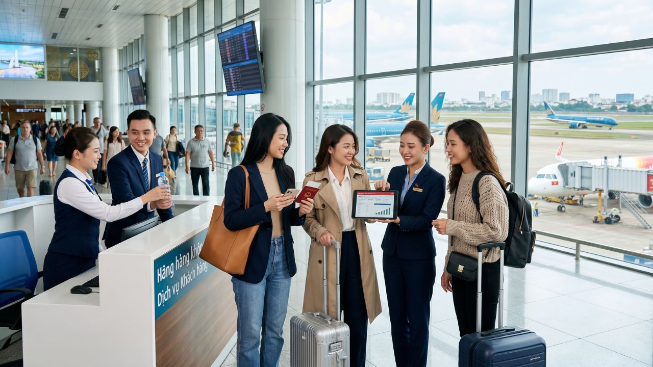 Frustrated passengers at a Vietnamese airport demanding their legally mandated financial compensation and refunds after massive travel chaos and flight cancellations destroyed their itineraries