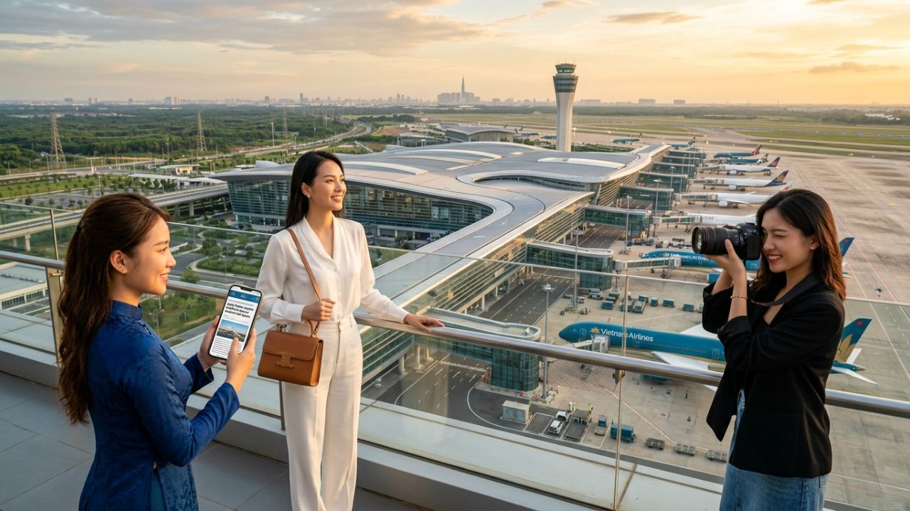 A highly dramatic scene capturing massive infrastructure activation as Vietnam aggressively powers up the Long Thanh Megahub, combating severe terminal congestion and paralyzing regional travel chaos