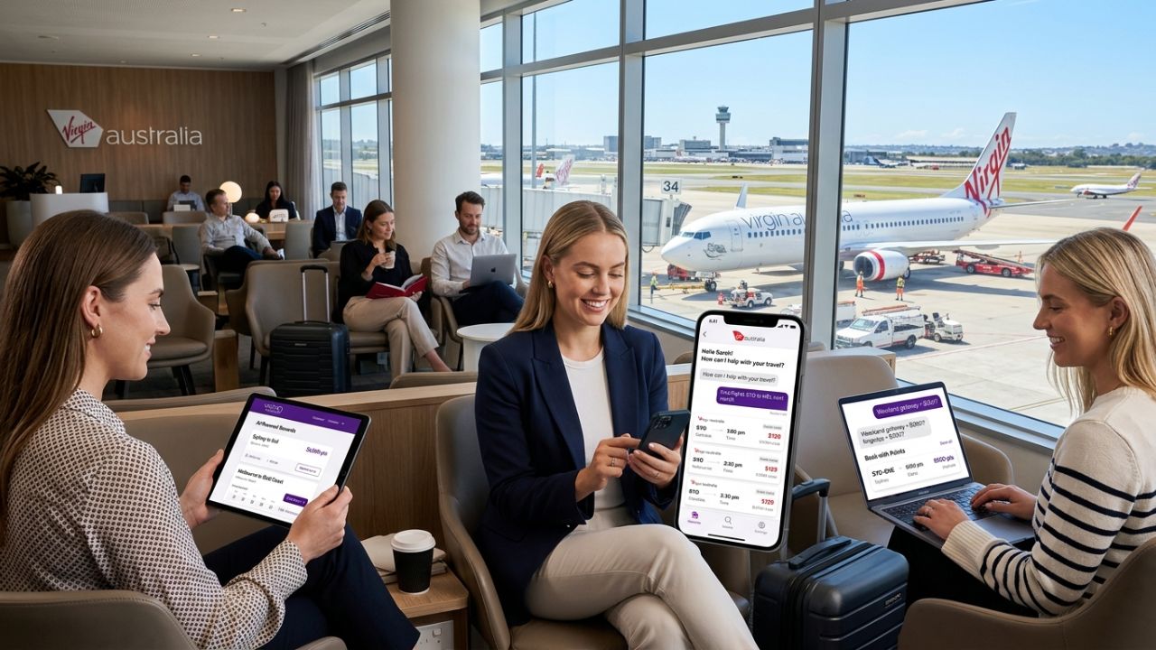 A highly dramatic scene capturing massive passenger relief as Virgin Australia aggressively deploys an advanced ChatGPT artificial intelligence booking app, violently shielding travelers from terrifying travel chaos and disconnected airport disruptions