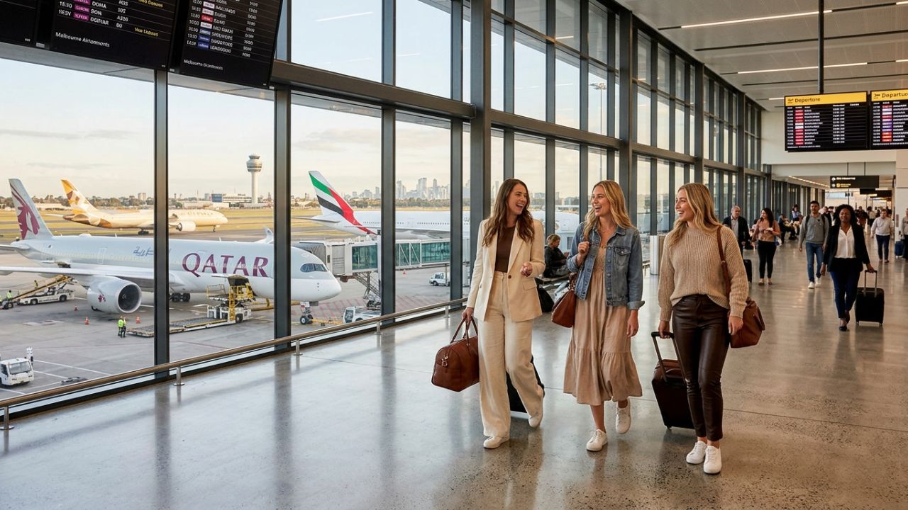 A highly active international terminal at Melbourne Airport, illustrating the massive route expansions by Virgin Australia and Emirates to help travelers bypass global travel chaos