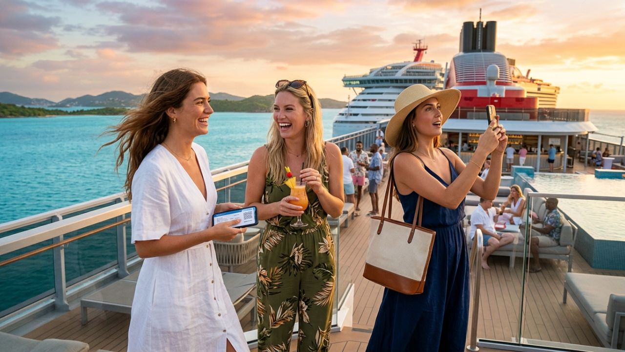 A highly dramatic scene capturing Virgin Voyages maritime authorities aggressively executing a massive group travel protection protocol to combat severe international travel chaos and passenger stress